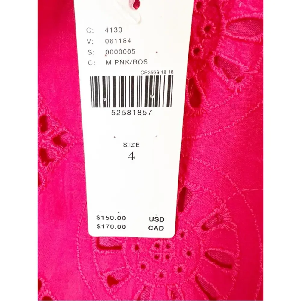 NWT SZ 4 Anthropologie Hot Pink Eyelet Ruffle Shift Dress